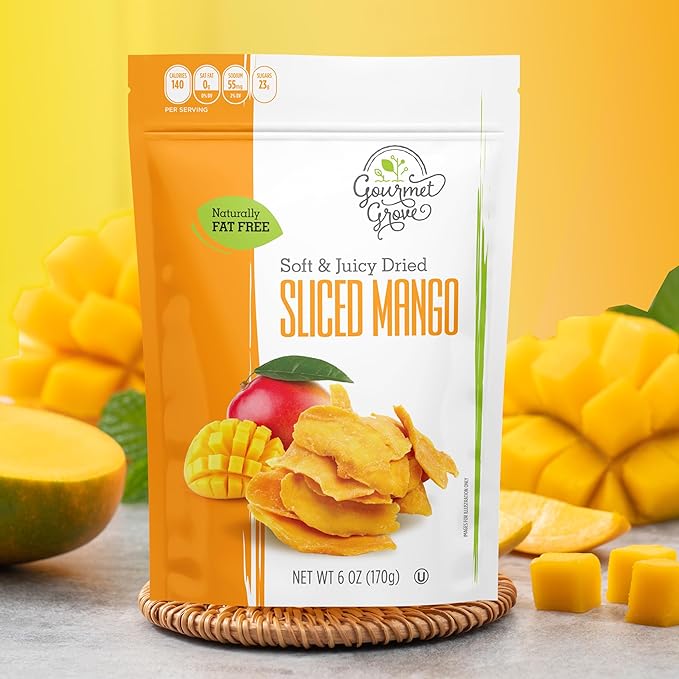 Gourmet Grove - Sliced Mango 6 oz Snack Packs | Soft Juicy Natural Dried Mango Slices | Lightly Sweetened (Pack of 12)