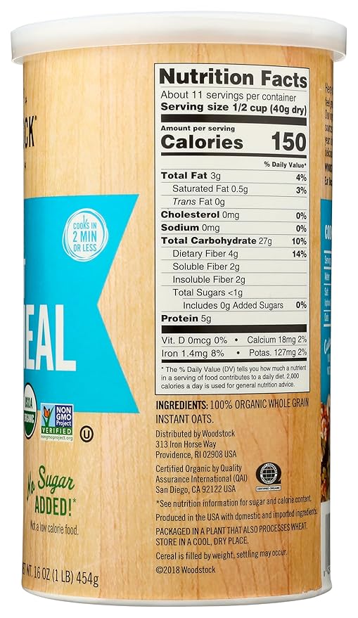 Woodstock Organic Instant Oats - Case of 12 - 16 oz.