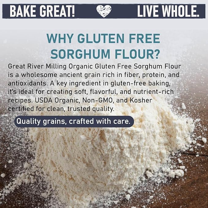 Great River Milling Organic Sorghum Flour | Gluten Free Whole Grain Flour | USDA Organic Non-GMO Kosher Vegan Certified | Mild Versatile Baking Ingredient for Breads Cookies &amp Batters | 5 Lb
