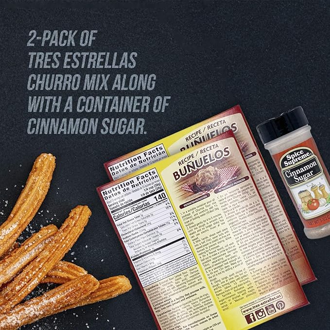 Tres Estrellas Churros Mix with Spice Supreme Cinnamon Sugar 3 Pc. Bundle Authentic Mexican Batter Powder for Crunchy Donut Sticks Easy to Blend