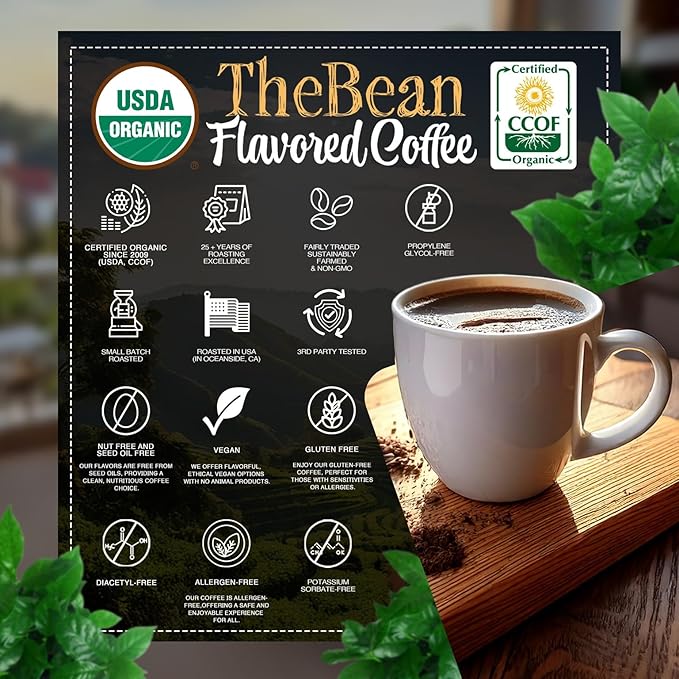 The Bean Organic Coffee Company Water Processed DECAF Vanilla Cinnamon Spice Medium Roast Whole Bean Coffee 16-Ounce Bag