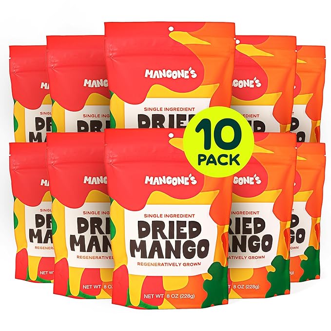 Mangone’s Organic Dried Mango 10 Packs (8 oz each) | Mango Dried Fruit Unsweetened | Single-Ingredient Dehydrated Fruit Slices | 100% Natural Dried Fruit Snacks | Soft Chewy Tropical Snack