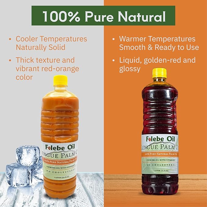 Folebe Oil 1L 100% Pure Natural Red Palm Oil – Authentic Cameroonian Palm Oil for Cooking – Cold-Pressed from Palm Pulp – Rich in Nutrients Carotenoids Natural Vitamin E