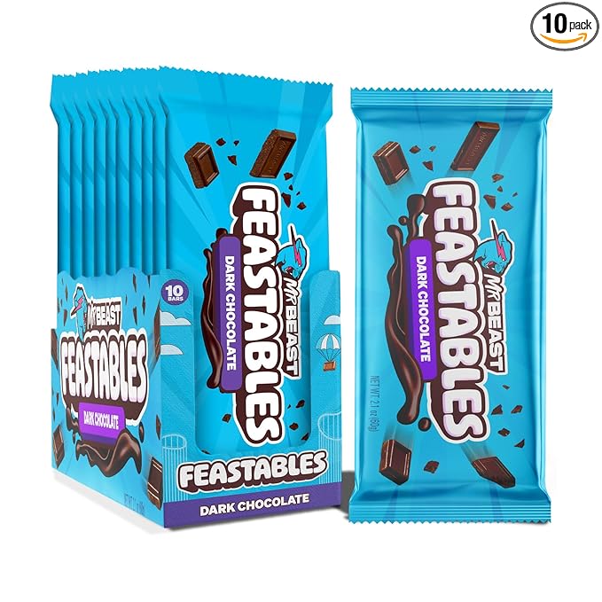 MrBeast Feastables Original Dark Chocolate Bar King Size 10 Count Rich Dark Chocolate Candy Fairtrade Cocoa 2.1oz Each