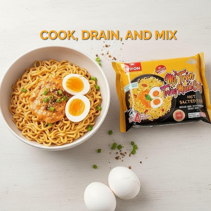 VIFON Mixed Salted Egg Instant Noodles Hot Flavor (Mì Trộn Trứng Muối Cay) 24-Pack (4.6 oz / 105 g each) | Dried Mix | Vietnamese Premium Noodles | Ready in 4 Minutes