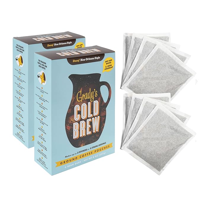 GRADY’S COLD BREW New Orleans Style - DECAF 100% Arabica Ground Coffee &amp Chicory Pouches TWO Bundles of 4 Easy-to-Brew Bean Bags Makes 24 drinks