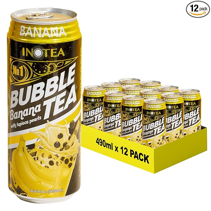 Inotea Bubble Tea with Tapioca Pearls - Delicious Instant Boba Tea - Ready-to-Drink Black Milk Tea - Comes in Large 16.6 oz Cans - Enjoy Real Boba Without the Long Lines - Banana - 12 pack