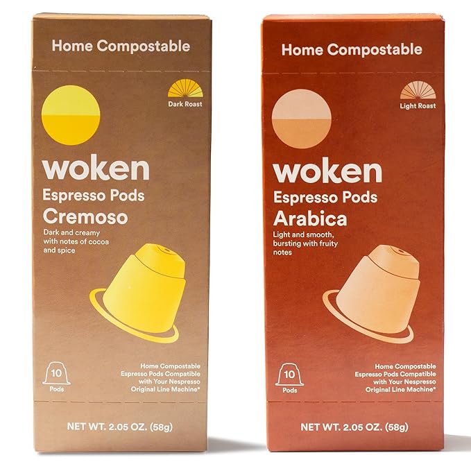 WOKEN COFFEE Compostable Nespresso Pods | Mixed Collection | Arabica Cremoso Light &amp Dark Roast | Roasted USA | Compatible With Nespresso Original Machines | Eco-Friendly Biodegradable Coffee C