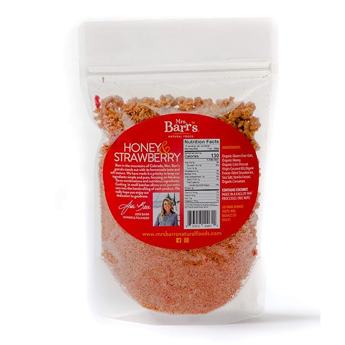 Mrs. Barr’s Natural Foods Granola | Honey &amp Strawberry | Certified Organic Gluten Free Oats | Soft Texture | Small Batch | Gourmet Quality | Real Ingredients | 10 Ounces (3 Pack)