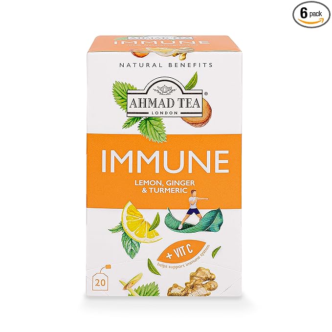 Ahmad Tea Herbal Tea Lemon Ginger Turmeric &amp Vitamin C 'Immune' Natural Benefits Teabags 20 ct (Pack of 6) - Decaffeinated &amp Sugar-Free