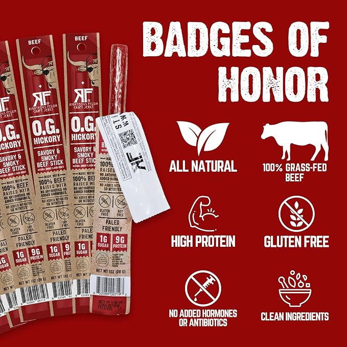 Righteous Felon Meat Sticks | 100% Grass Fed Beef | 9g Protein per Stick | Keto Gluten-Free Low Sugar High Protein Snack Sticks | Individually Wrapped | OG Hickory Beef Sticks 24 Count