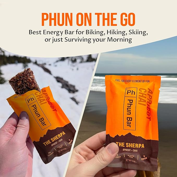 Phun Bar The Sherpa Energy Bars (Pack of 12) | Apricot + Chai | 7g Plant-Based Protein | Gluten-Free Sports Energy Bars for Hiking Trails &amp Outdoor Days