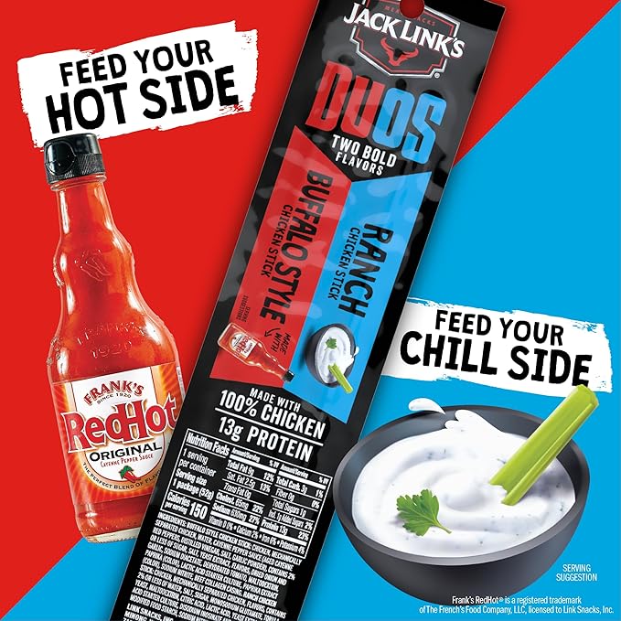 Jack Link's DUOs Chicken Jerky Meat Snack Sticks with 13g Protein - Frank's RedHot Buffalo Style With Creamy Ranch Made with 100% Chicken Two Flavors in One Package 1.84oz (10 Pack of 2 Sticks)