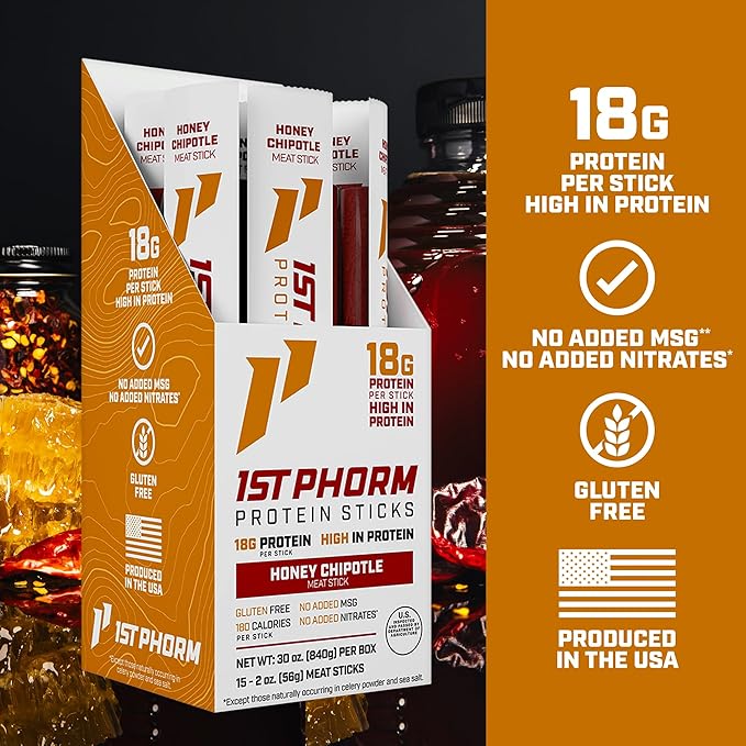 1st Phorm Meat Sticks Honey Chipotle 18G Protein per Serving USA Raised Lean Beef and Pork High Protein Snacks Gluten Free No Msg or Nitrates Individually Wrapped 15 Count