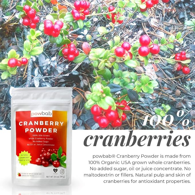 powbab Cranberry Powder from 100% USA Grown Organic Dried Cranberries. No Added Sugar. Pure Fruit Unsweetened Cranberry. Not Freeze Dried. (3.5 Oz)