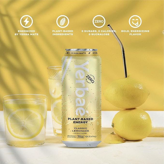 Yerbae Energy Beverage - Classic Lemonade 0 Sugar 0 Calories 0 Carbs Energized by Yerba Mate Plant-Based Healthy Alternative to Sugary Drinks 16oz cans (12 Pack)
