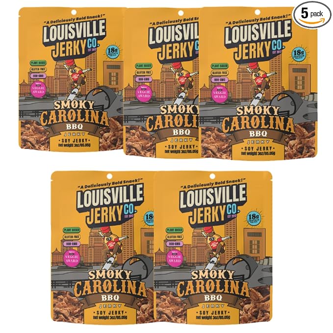 Louisville Jerky Co. Sweet &amp Smoky Carolina Mustard BBQ Vegan Jerky Plant Based Protein Snack (3 Ounce 5-Pack) – Smoky Southern BBQ Flavor Gluten-Free Vegetarian