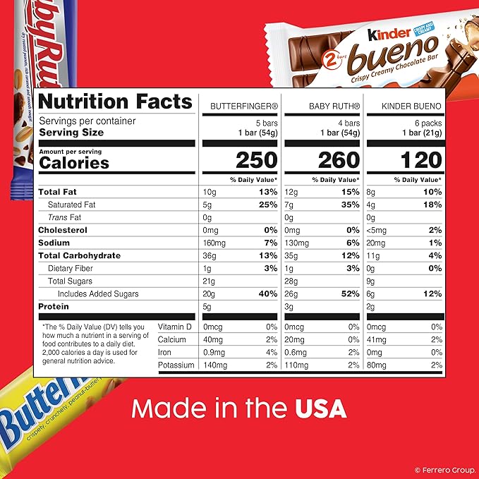 Butterfinger Baby Ruth Kinder Bueno Assorted Crispy Creamy Nutty Variety Mix 15 Count Full Size Candy Bars 26.2 oz