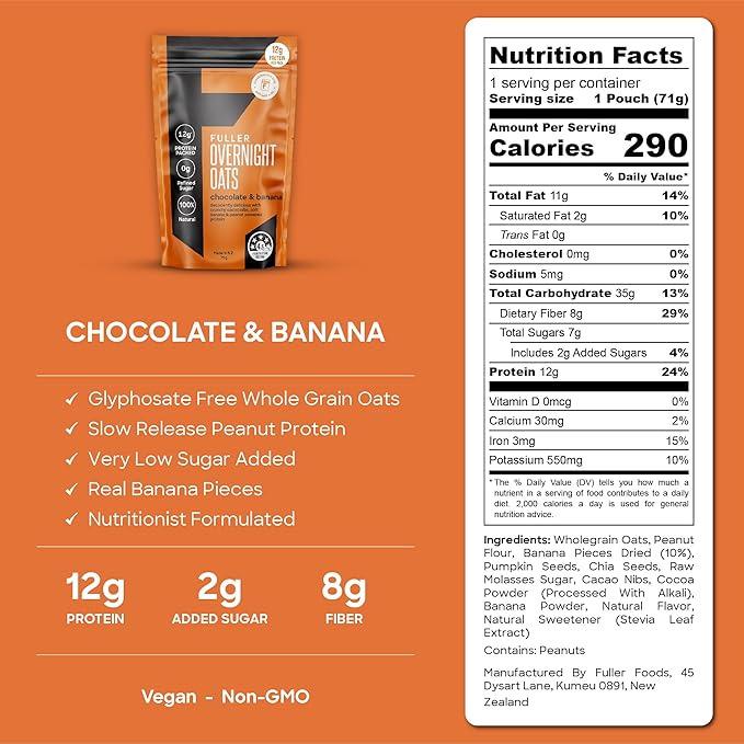 Delicious High Protein Chocolate Banana Overnight Oats - Nutritionist Designed FULLER For Longer With Low Sugar High Fiber &amp Slow Release Peanut Protein - Ziplock Portable - Glyphosate Free Oatme