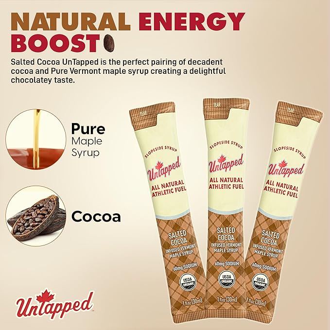 UnTapped Salted Cocoa Infused Vermont Maple Syrup Packets for Athletes Box of 20-1 fl oz Each | Pure Maple Syrup with Rich Cocoa Extract and Sea Salt | Fuel to Keep You Running Longer