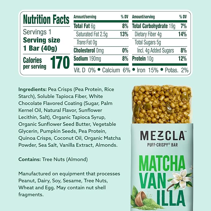 Mezcla Puff-Crispy Plant Based Protein Bars - Matcha Vanilla - Healthy Snacks for Adults &amp Matcha Latte Fans - Best School Travel Office Snacks - Gluten Free Vegan Non GMO 10g Protein - 12 Co