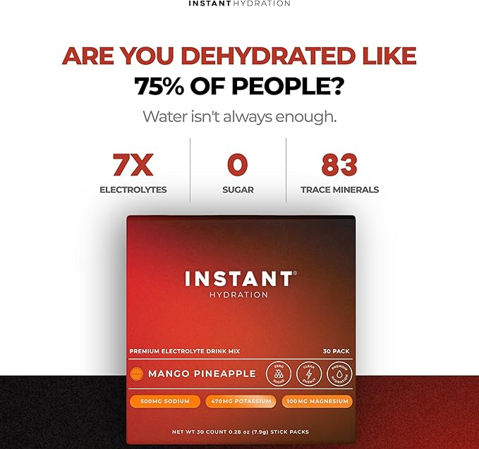 Instant Hydration Electrolytes Powder Packets - Mango Pineapple Drink Mix - Zero Sugar - Keto Vegan Gluten-Free Non-GMO - Boost Recovery Brain Health Muscle &amp Tissue Support- 30 Sticks