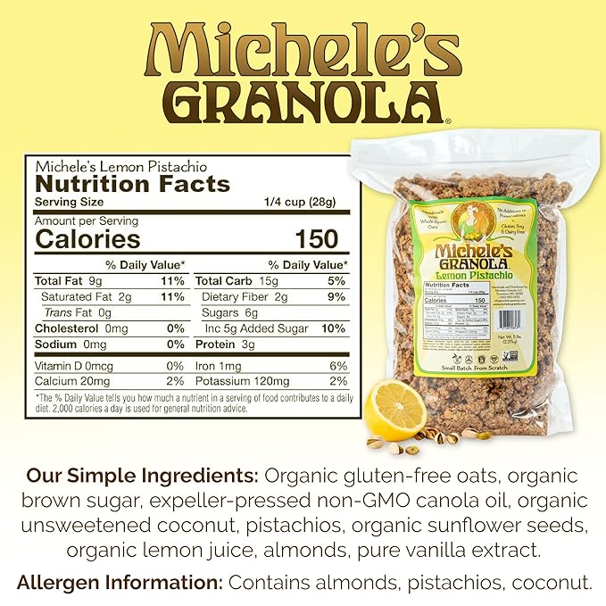 Michele's Granola Lemon Pistachio Handmade Whole Grain Vegan Gluten-Free &amp Non-GMO 36oz Resealable Bag