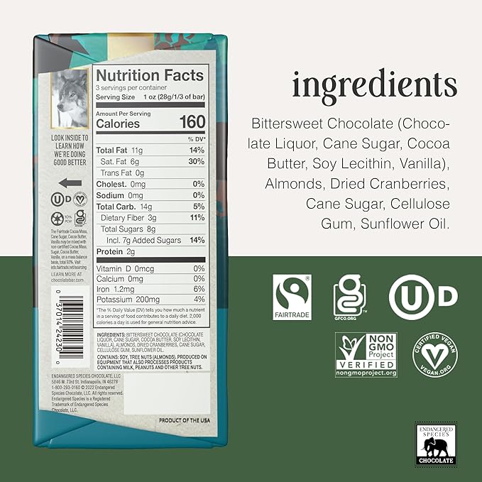 Endangered Species Chocolate Wolf Natural Dark Chocolate (72%) with Cranberries &amp Almonds 3-Ounce Bars (Pack of 12)