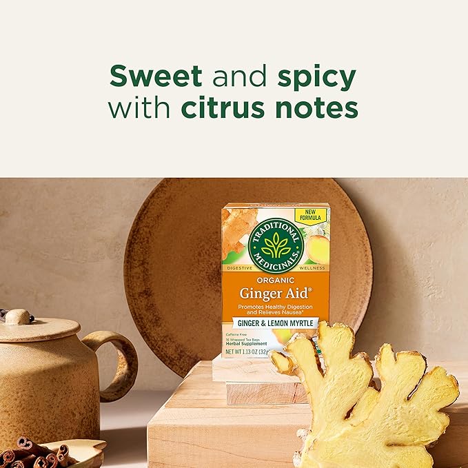 Traditional Medicinals Tea Organic Ginger Aid Promotes Healthy Digestion Kosher Non-GMO Caffeine-Free Compostable - 96 Tea Bags (6 Pack)