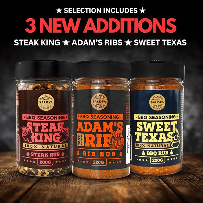 SALDVA Gift Selection of Premium BBQ Seasonings - Holy Cow Angel’s Wings Smoky Pig Sweet Texas Steak King &amp Adam's Ribs BBQ Rubs | Pack of 6 | 100% Natural | Spice Gift For Foodie