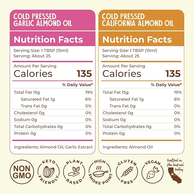 Fresh Vintage Farms Nut Bundle 100% Cold Pressed Almond &amp Garlic Almond Cooking Oils | Cold Pressed &amp Nutritious Healthy Oils for Cooking Baking Dipping Salads &amp Marinades | 375ml Pac
