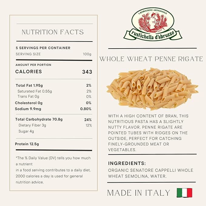 Rustichella d'Abruzzo Whole Wheat Penne Rigate Pasta Stone-Ground Durum Semolina High Bran Content Nutty Flavor Perfect for Rich Sauces &amp Baked Dishes Authentic Italian 500g 2-Pack