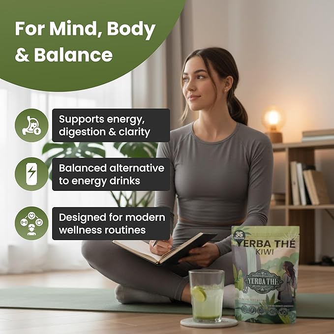 Ancient Diosa Yerba Mate Powder - Clean Energy &amp Focus - Organic Yerba Mate Tea 350g - Supports Gut Health with Probiotics &amp Prebiotics Brain Fog Relief Focus &amp Relaxation - Kiwi Flavor
