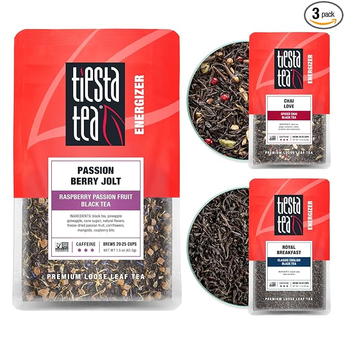 Tiesta Tea - Black Loose Leaf Tea Gift Box 3 Pouches High Caffeine - Hot &amp Iced Tea Variety Pack with Chai Fruit &amp English Breakfast Bags Loose Leaf Assortment