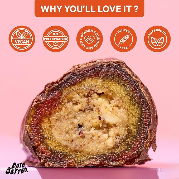 Date Better Peanut Butter Crunch Stuffed Medjool Dates - Dark Chocolate-Covered Dates Filled With Crunchy Peanut Butter &amp Cacao Nibs | No Artificial Sweeteners Gluten-Free &amp Vegan (6-Pack)