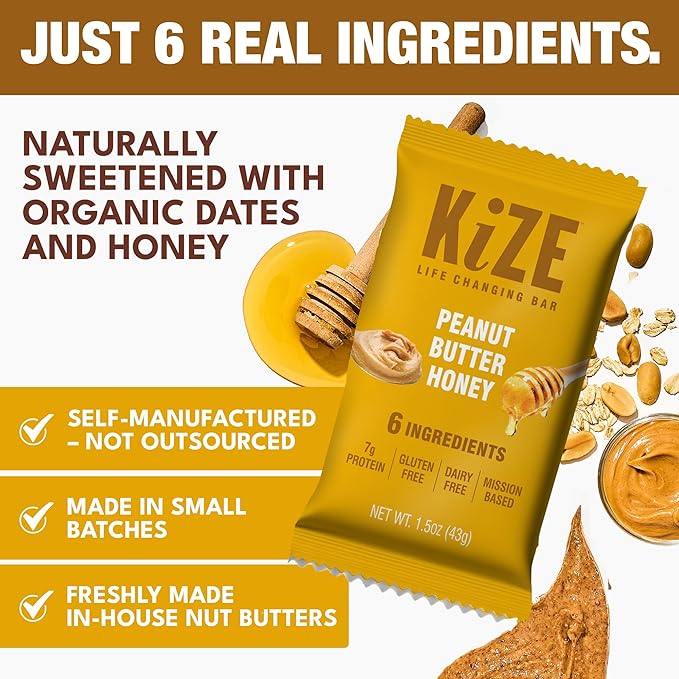 KiZE Energy Bars - Peanut Butter Honey - 20-Count - Gluten Free Dairy Free Non-GMO and High Protein Meal Replacement Energy Bars Clean and Simple Food Ingredients - 7g High Protein Snacks (20 Coun