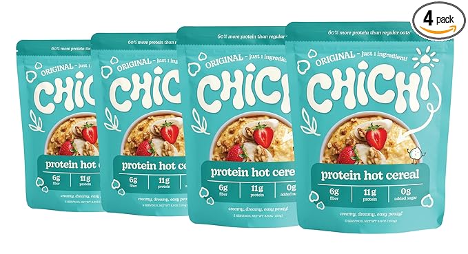 ChiChi Protein Hot Cereal Made with Chickpeas | Original (Plain) (8.8 oz x 4 pouches 20 servings) —Protein-packed (11g) High Fiber 0g Added Sugar Made with Simple Ingredients Grain Free Gluten F