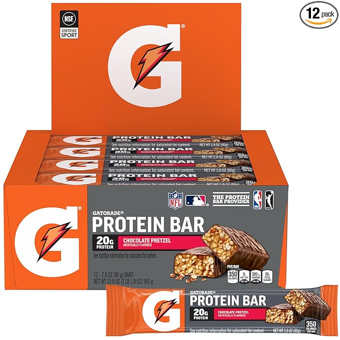 Gatorade Whey Protein Bars Chocolate Pretzel 2.8 oz bars (Pack of 12 20g of protein per bar)