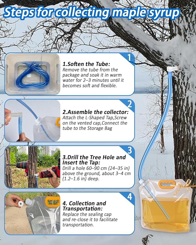 WANTELFOR Maple Syrup Tapping Kit - 10 Sets with Taps 3ft Tubing 5L Big Capacity Collection Bags and appropriate drill bit for DIY Birch Tree Sap Collection Ideal for Beginners &amp Experts (Large