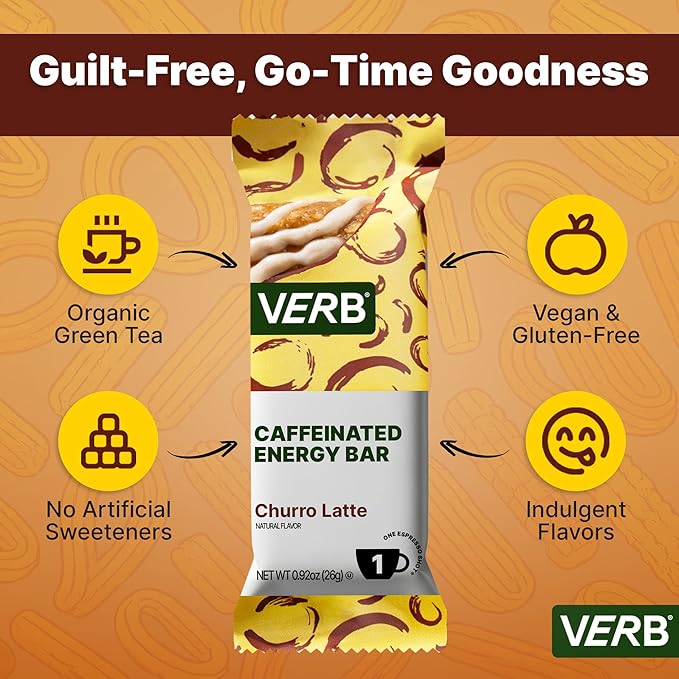 Verb Caffeinated Energy Bars Churro Latte (26g Pack of 16) 110-Calorie Delicious Low Sugar Energy Bar - Vegan Gluten Free On-the Go Snack with 80mg Green Tea Caffeine Only Real-Food Ingredients