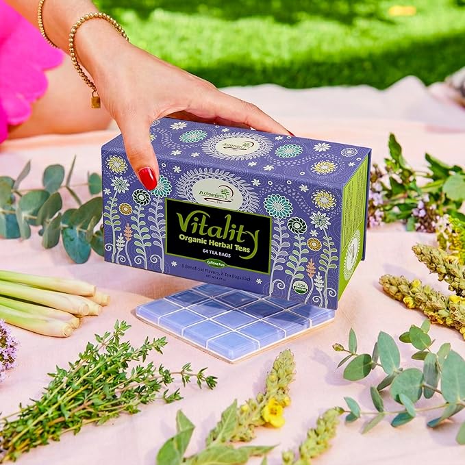 Adanim Bio Vitality Organic Herbal Tea Sampler Gift Box Caffeine Free 8 Unique Flavors for Tea Lovers 64 Individually Wrapped Tea Bags Variety Pack Tea Set
