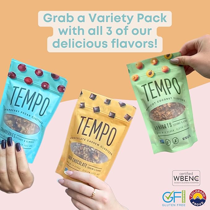 Tempo Granola Cluster Variety Pack - Dark Chocolate Cranberry Apricot - Vegan Gluten Free Oats Low Sugar Vegan Dairy Free Soy Free Vitamin E Prebiotics - High Protein Snacks with Oats - 6 Pa