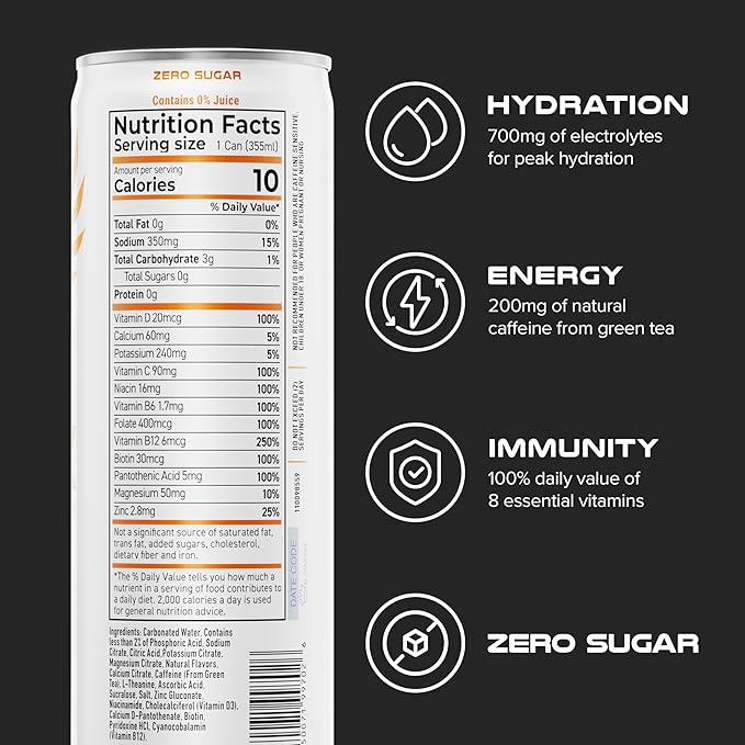 PHX Hydration Energy Drink - 700mg Electrolytes 200mg Natural Green Tea Caffeine 100% Daily Value 8 Essential Vitamins - 12 oz Cans (12 Pack) (12 Pack Orange)
