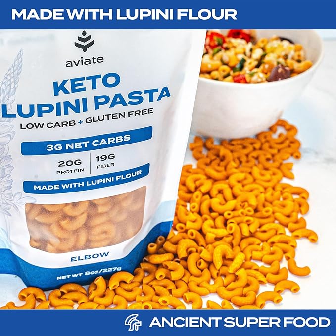 Aviate Keto Pasta Elbows - Low Carb (3g Net) Lupini Noodles High Protein (20g) Gluten-Free Made with Lupin Flour Plant Based Vegan Keto-Friendly Low Carb - Macaroni Elbows (8oz) (Pack of 3)
