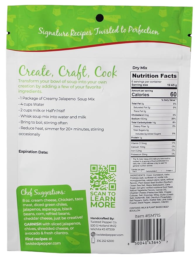 Twisted Pepper Co. Creamy Jalapeño Dry Soup Mix – Handcrafted Homestyle Creamy Soup Gluten-Free Rich Flavor with Jalapeños Bacon Bits Green Chilies Cheddar Cheese – Serves 6
