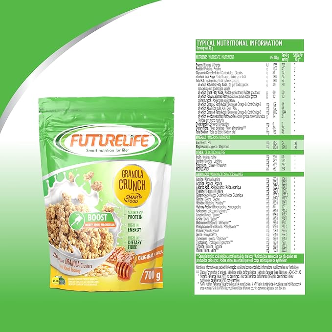FUTURELIFE Smart Food Crunch Granola | 700g/24.7oz | 7g Protein | High Energy | Contains Probiotics | Rolled Oats | High In Dietary Fiber | (Honey 4)