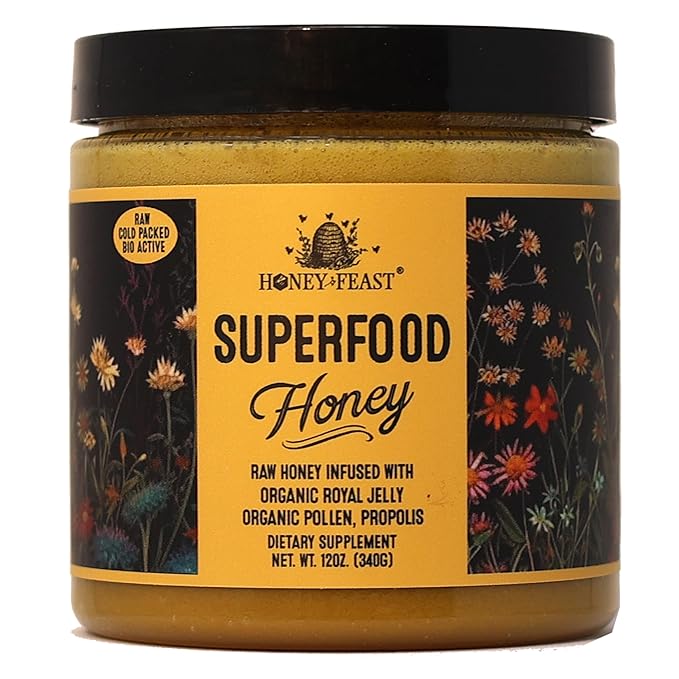 HONEY FEAST 12 Ounce (Pack of 6) Flower Powered Raw Superfood Honey with Royal Jelly Bee Pollen Bee Propolis Cold packed and hand poured in Florida USA
