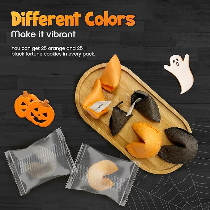 4E's Novelty Halloween Fortune Cookies Bulk - 50 Individually Wrapped with 50 Funny &amp Scary Fortune Cookies Sayings for Kids &amp Adults Trick-or-Treat Perfect for Halloween Party