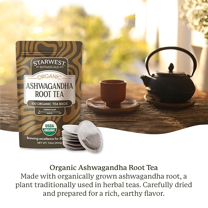 Starwest Botanicals Organic Ashwagandha Tea - Caffeine Free Herbal Tea String Free Sachets USDA Organic Ashwagandha Root Non GMO - Bulk Pack 100 Bags