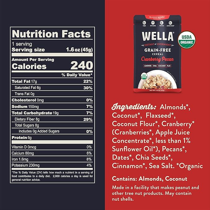 Wella Cereal Oatmeal Alternative Gluten-Free Breakfast Hot Cereal Grain-Free Paleo Organic Vegan High Protein Superfood Plant-Based Non-GMO Low in Net Carbs Single-Serve Packets Cranberry Pecan
